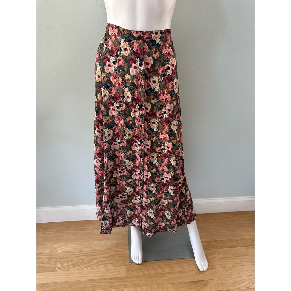Vintage 90s Floral Midi Skirt Button Front High Waist Rose Print Womens Size M